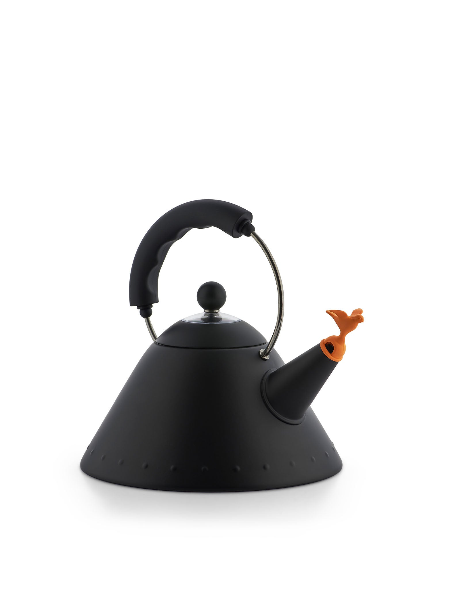 Black conical kettle by Alessi with a black handle, metal arc, orange bird-shaped whistle, and dotted base.