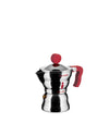 Silver stainless steel espresso coffee maker by Alessi, featuring a red handle and top knob, with 'A di ALESSI' and 'MOKA ALESSI' logos.