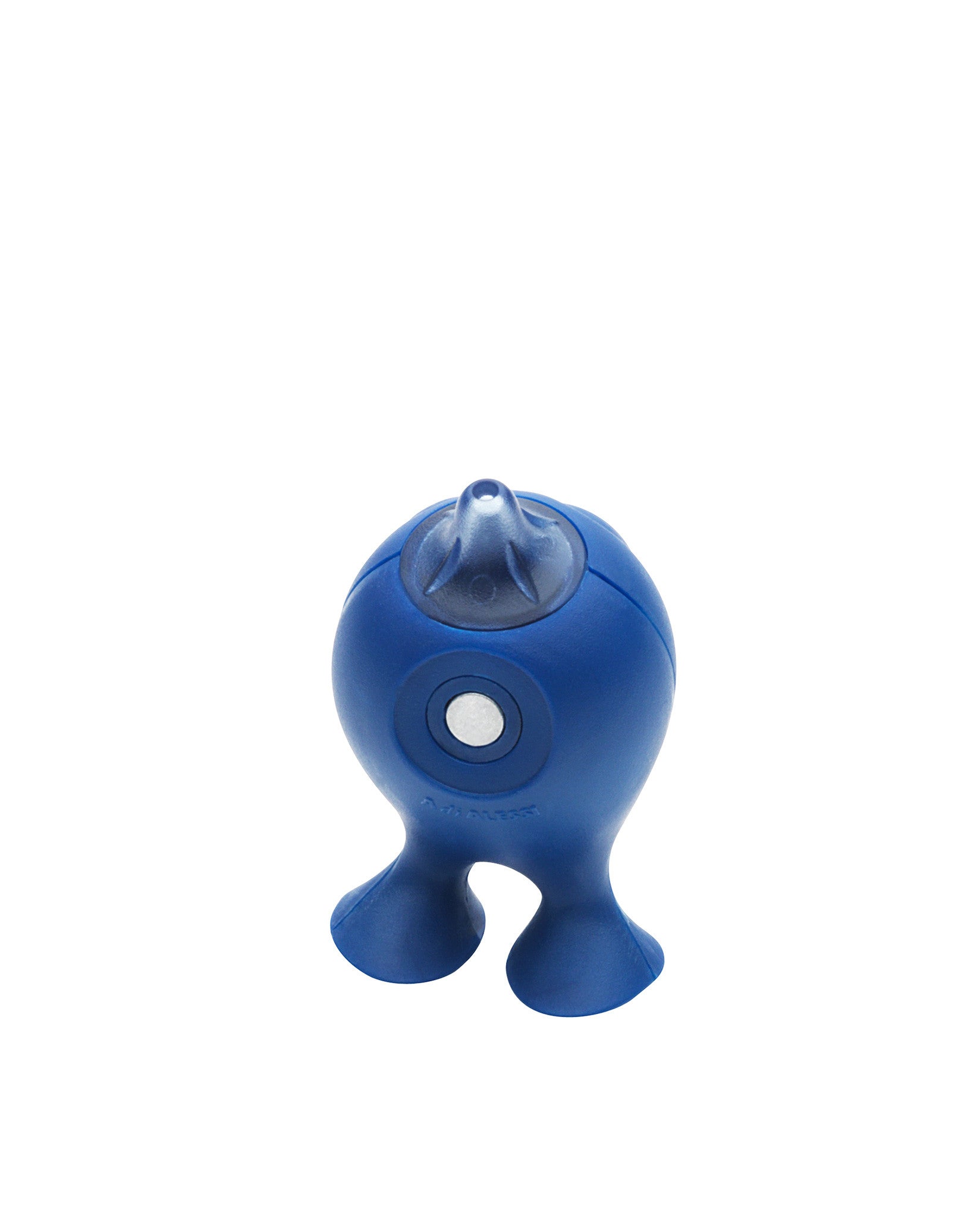 Blue character magnet by Alessi with a translucent spout, silver button, and two feet.