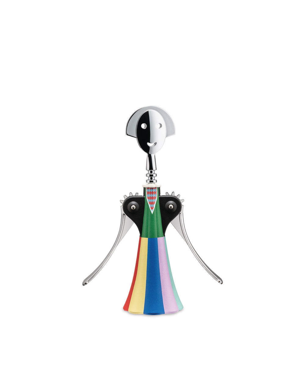 Multi-colored figural corkscrew by Alessi, with a smiling face head, diamond pattern, and striped skirt.