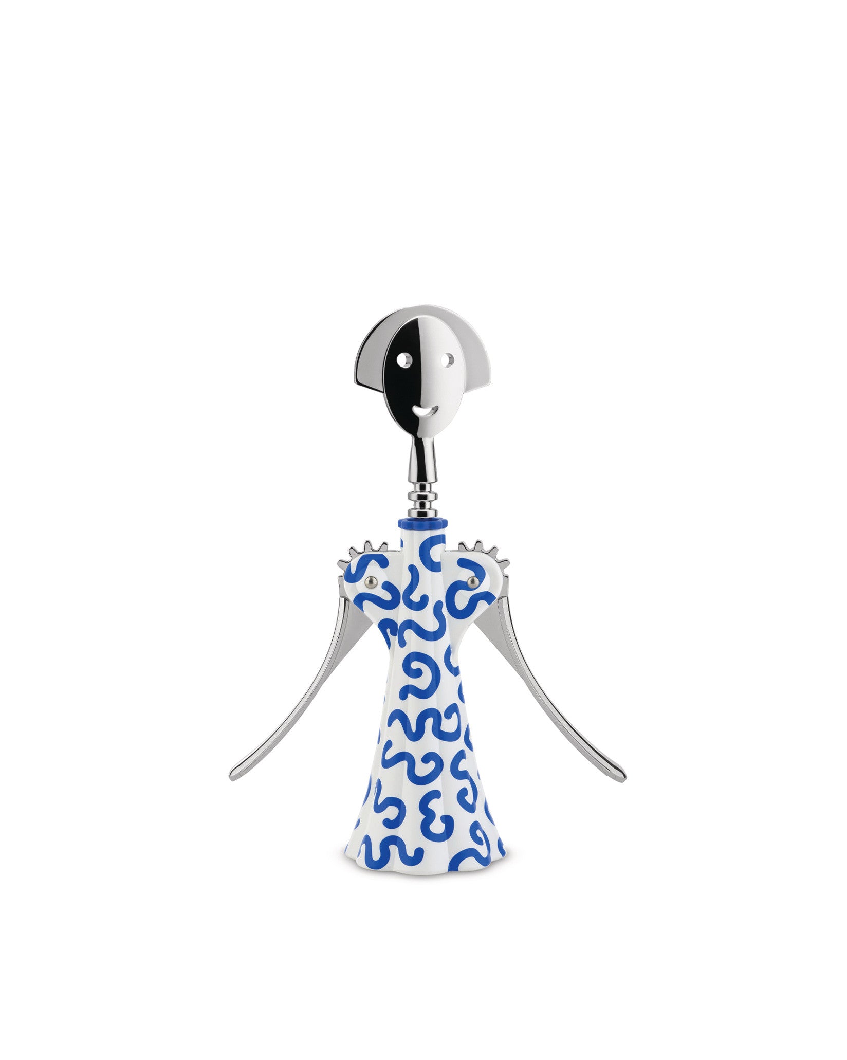 Figural white and blue patterned corkscrew by Alessi with a smiling bicolored face and silver lever arms.