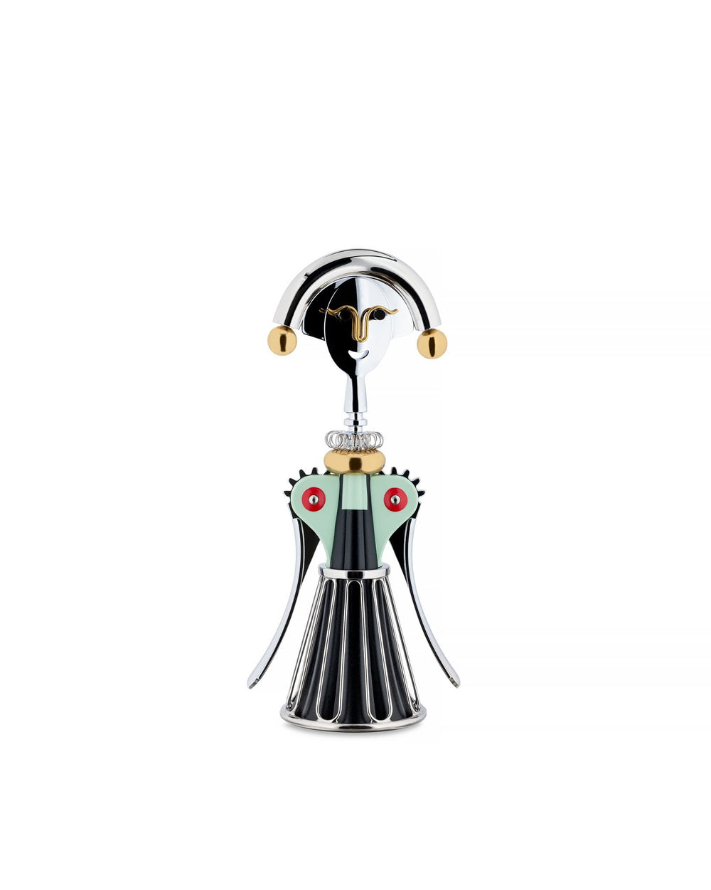 Character-shaped metal corkscrew by Alessi, featuring a stylized face with gold accents and a mint green, black, and red body.