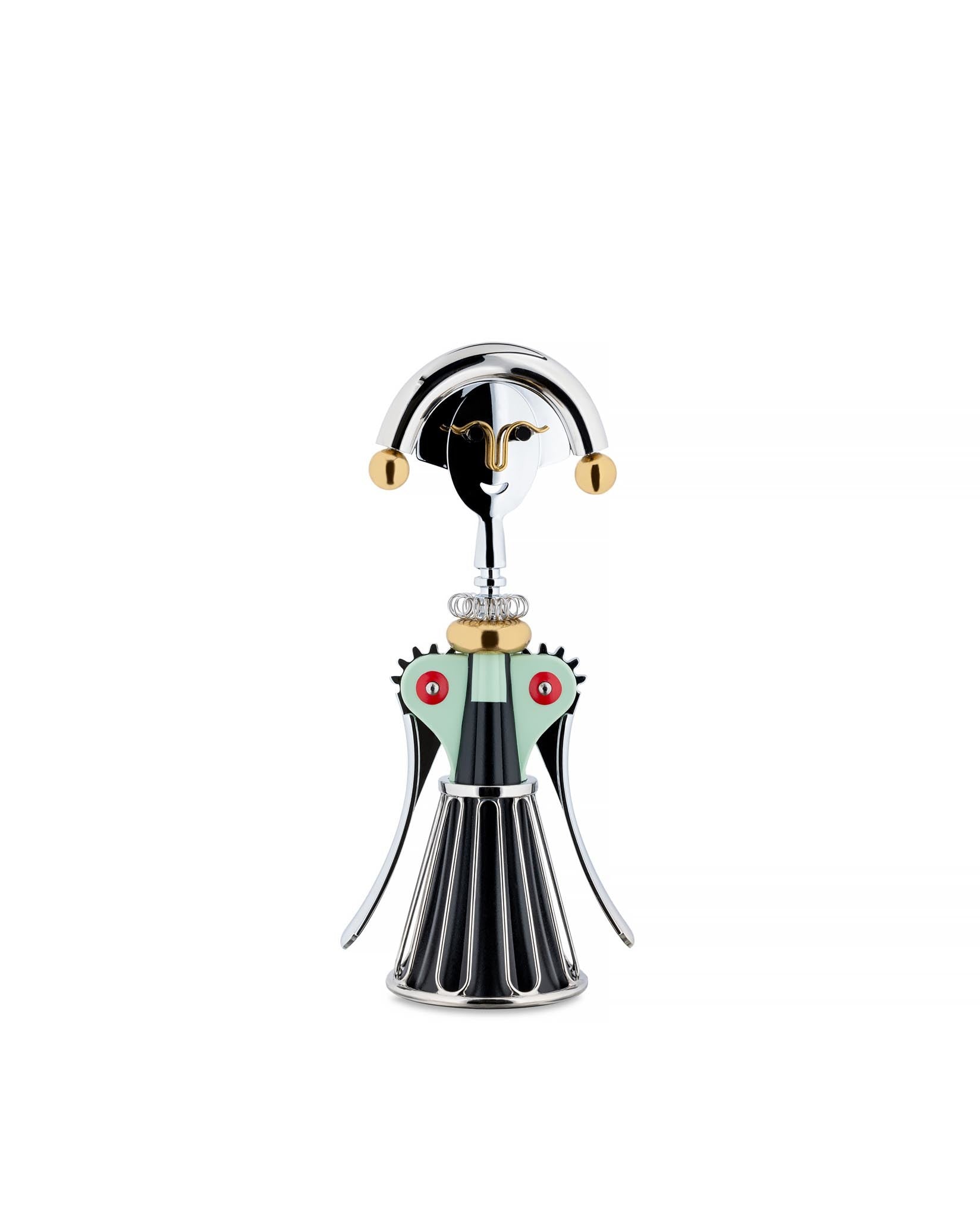 Character-shaped metal corkscrew by Alessi, featuring a stylized face with gold accents and a mint green, black, and red body.