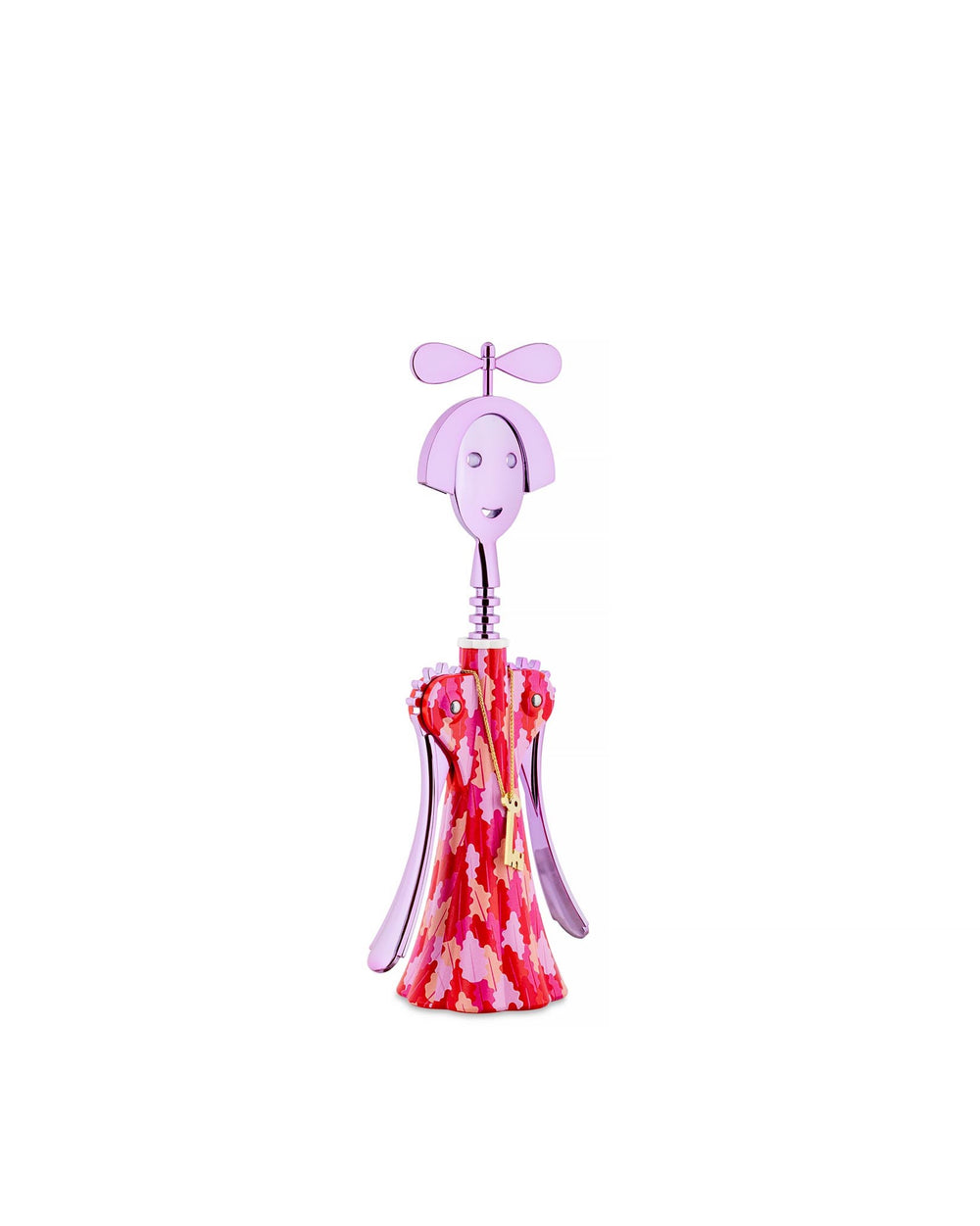 Pink and red patterned Anna G. corkscrew by Alessi, depicting a smiling woman with propeller hair and a gold key charm.