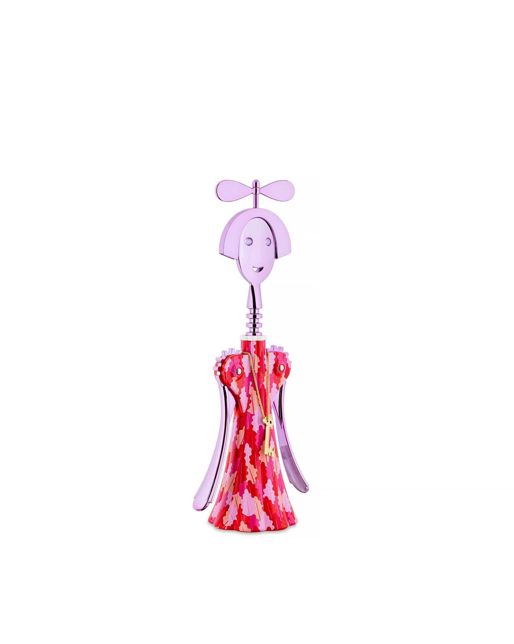 Pink and red patterned Anna G. corkscrew by Alessi, depicting a smiling woman with propeller hair and a gold key charm.