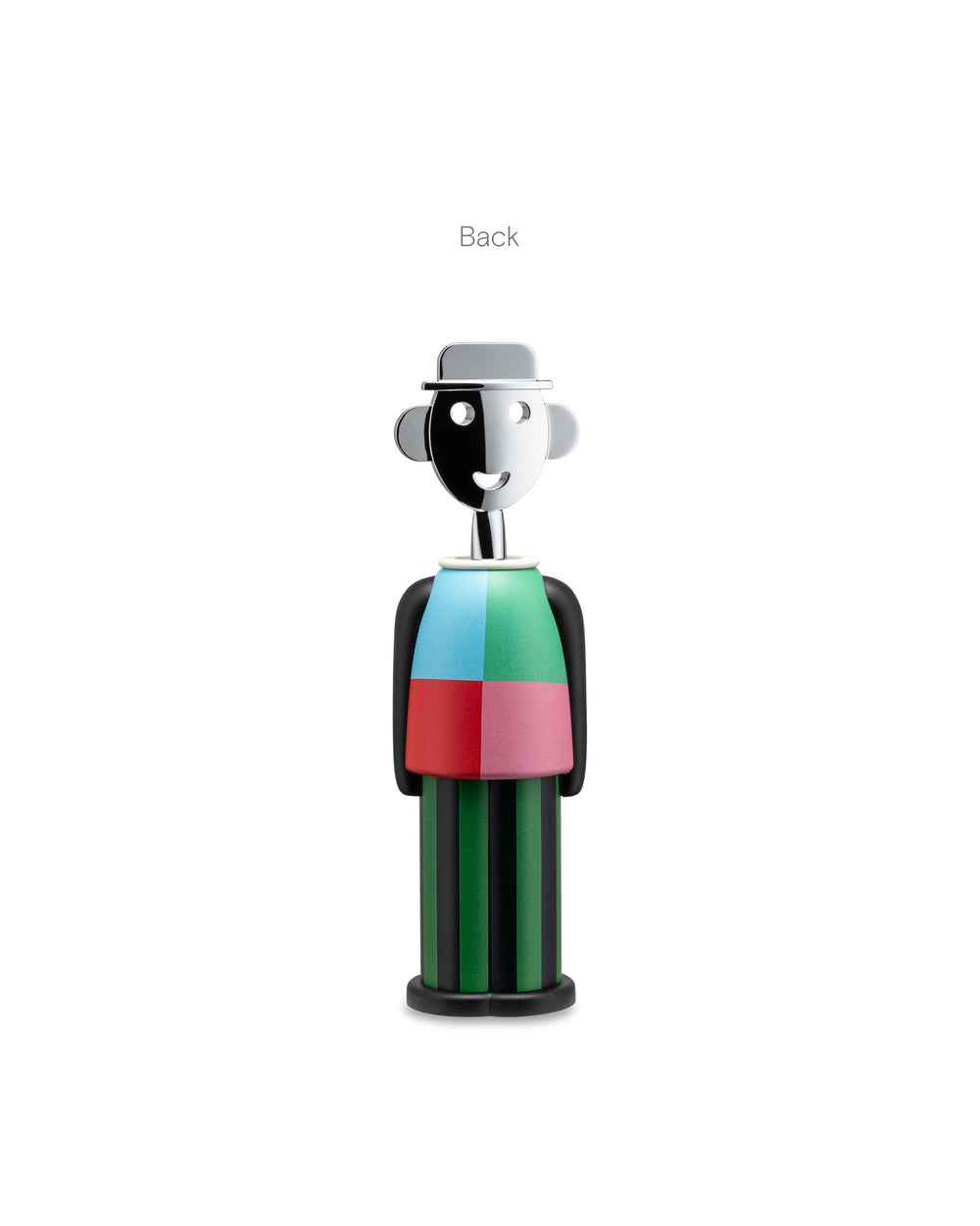 Alessandro M. corkscrew by Alessi with a smiling chrome head, multicolored block body, and striped base, viewed from the back.