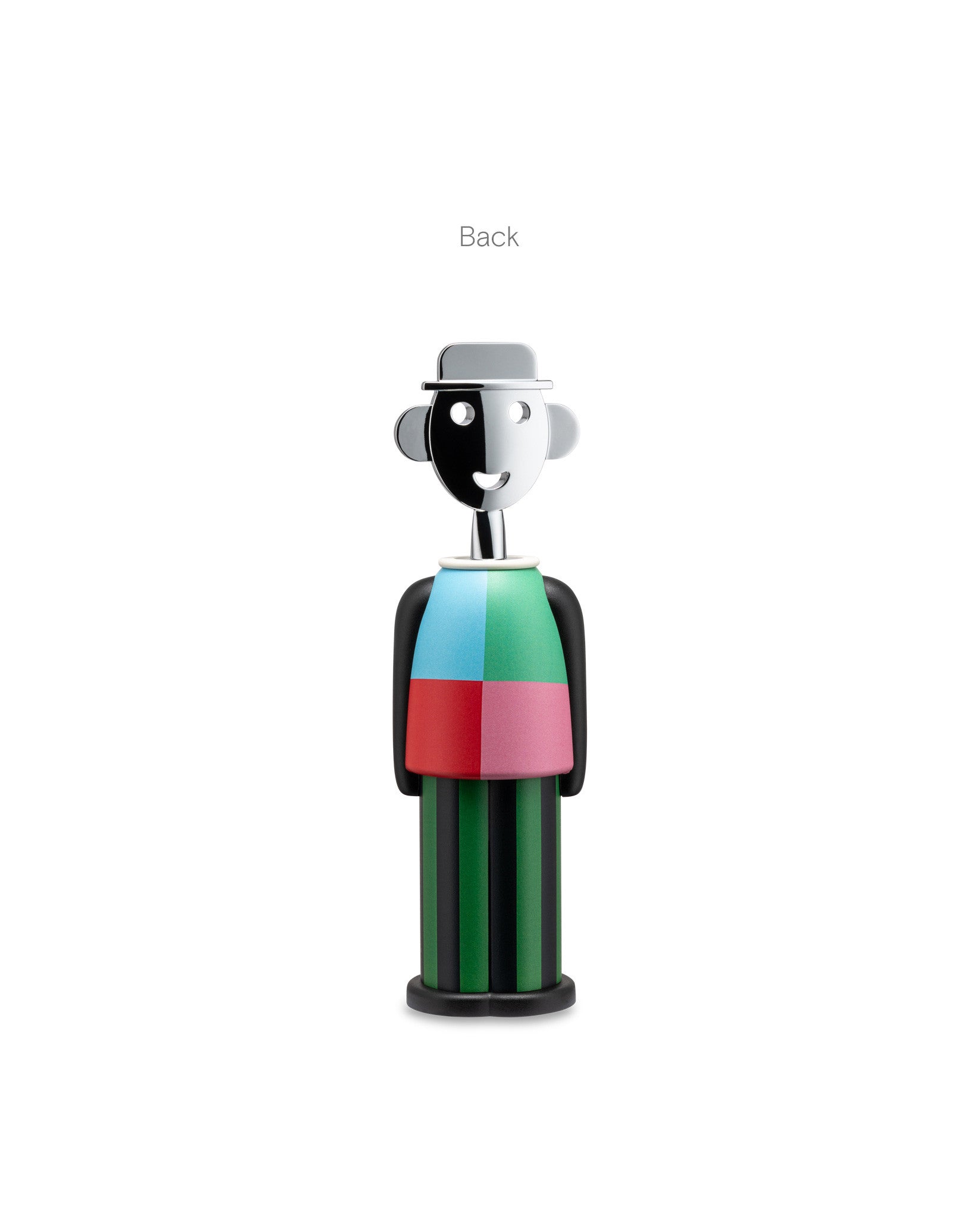 Alessandro M. corkscrew by Alessi with a smiling chrome head, multicolored block body, and striped base, viewed from the back.