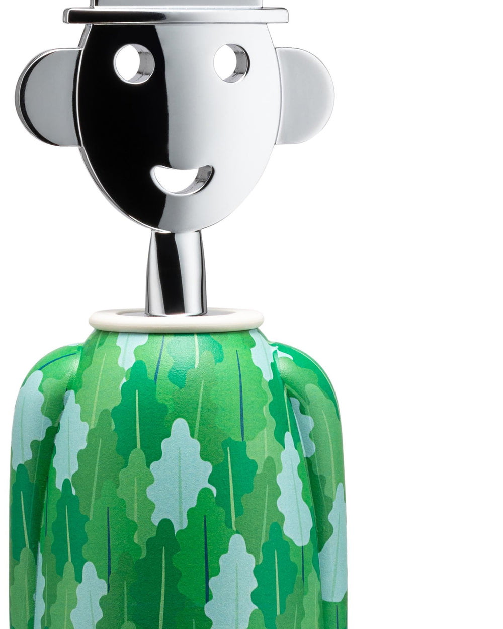 Corkscrew with a chrome human-like head and green body by Alessi, featuring a smiling face and a vibrant leaf pattern.