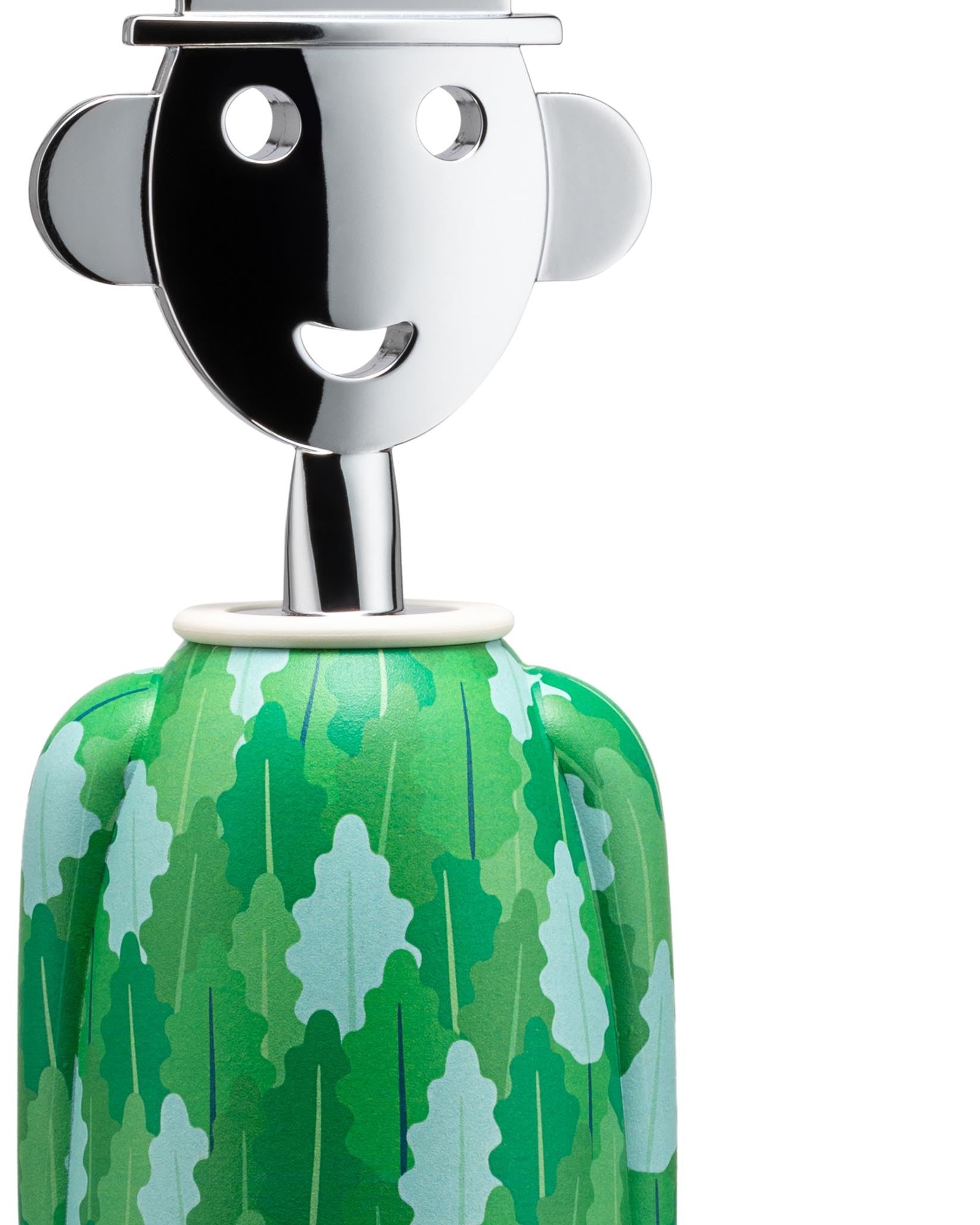 Corkscrew with a chrome human-like head and green body by Alessi, featuring a smiling face and a vibrant leaf pattern.