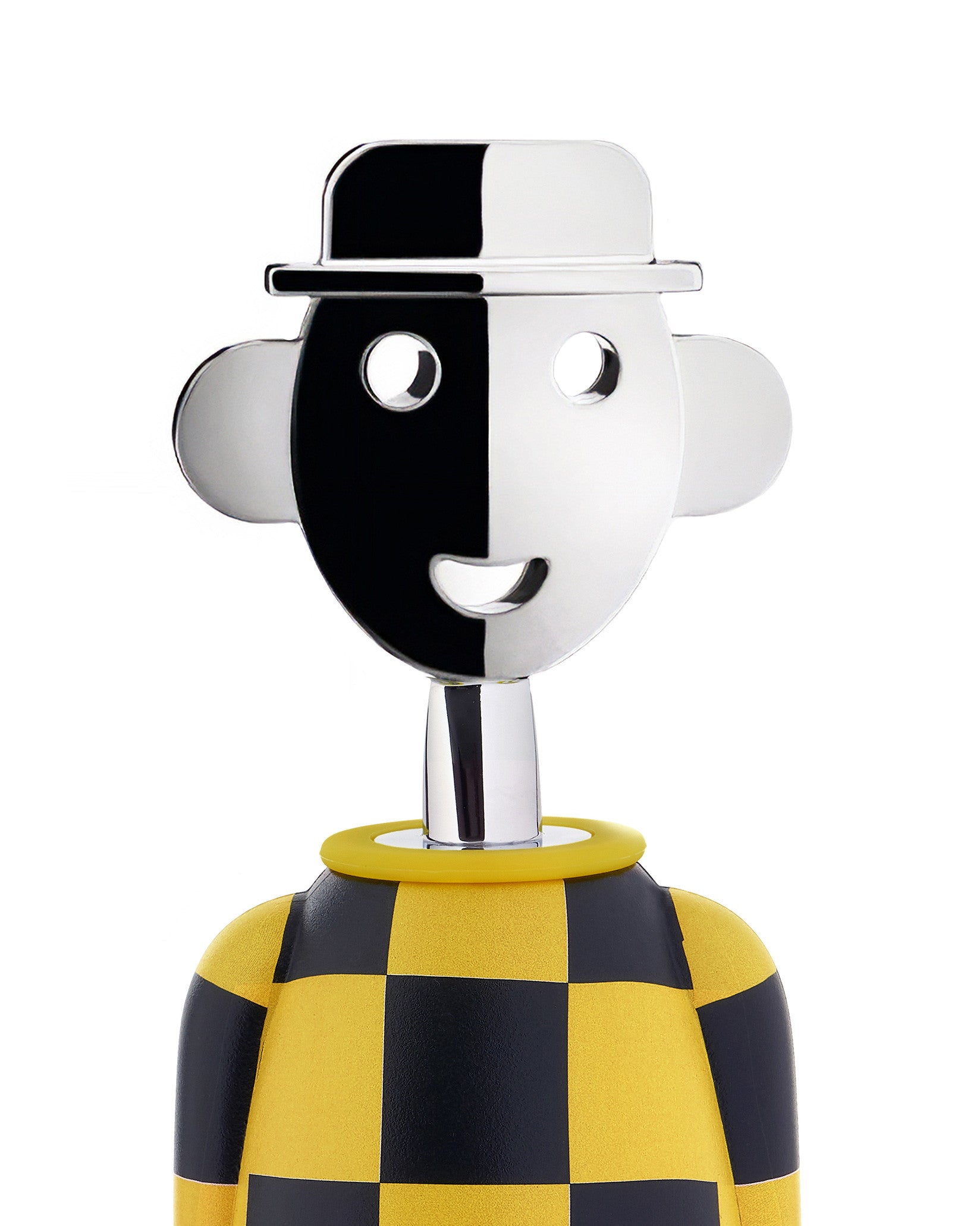 Alessandro M. corkscrew in yellow and black by Alessi, a humanoid figure with a split black and white face and checkered body.