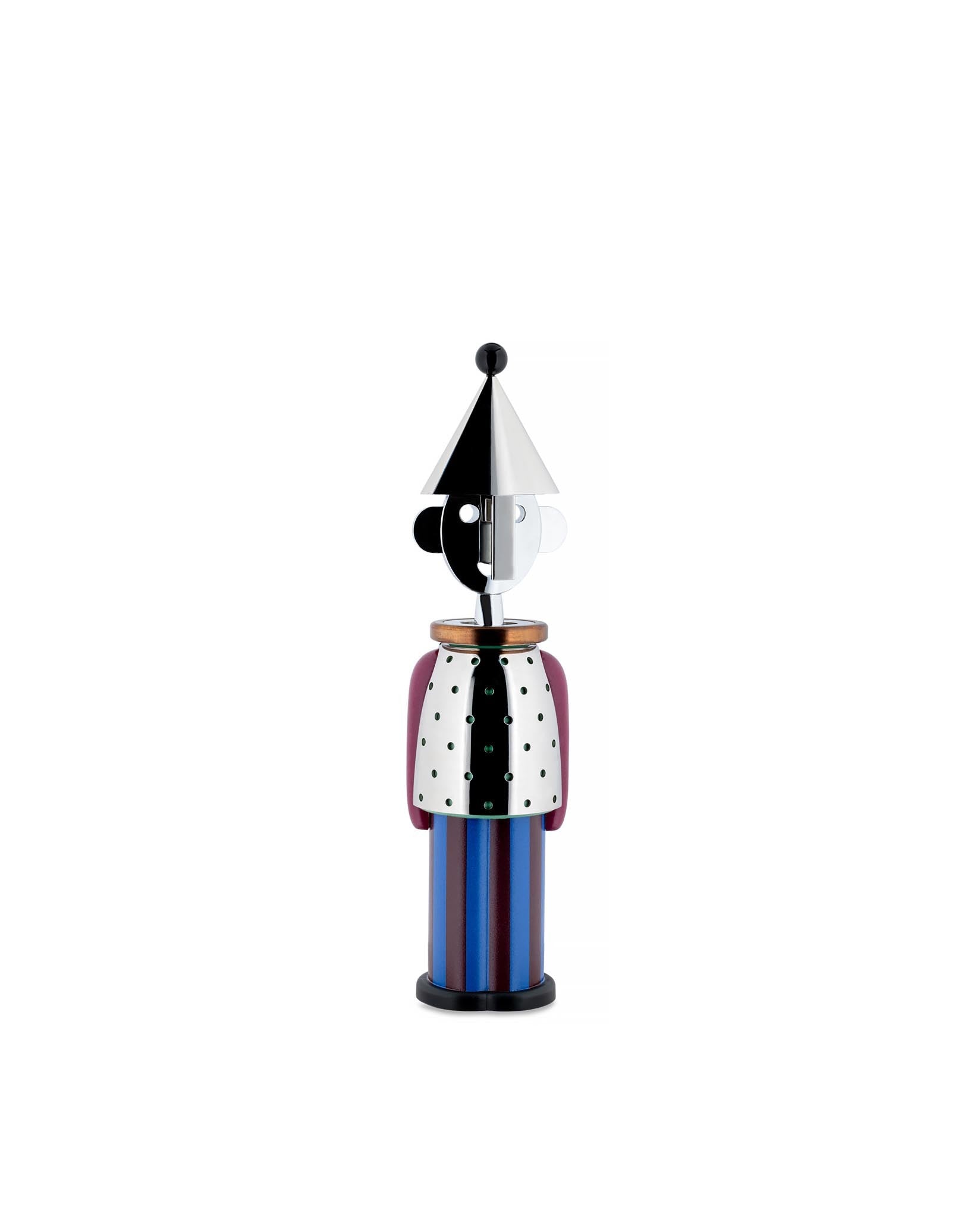 Multi-colored figural corkscrew by Alessi, designed as a black and silver character with a striped blue and maroon body.