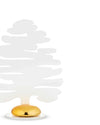 Abstract white tree place marker by Alessi with a glossy gold spherical base on a white disc stand.