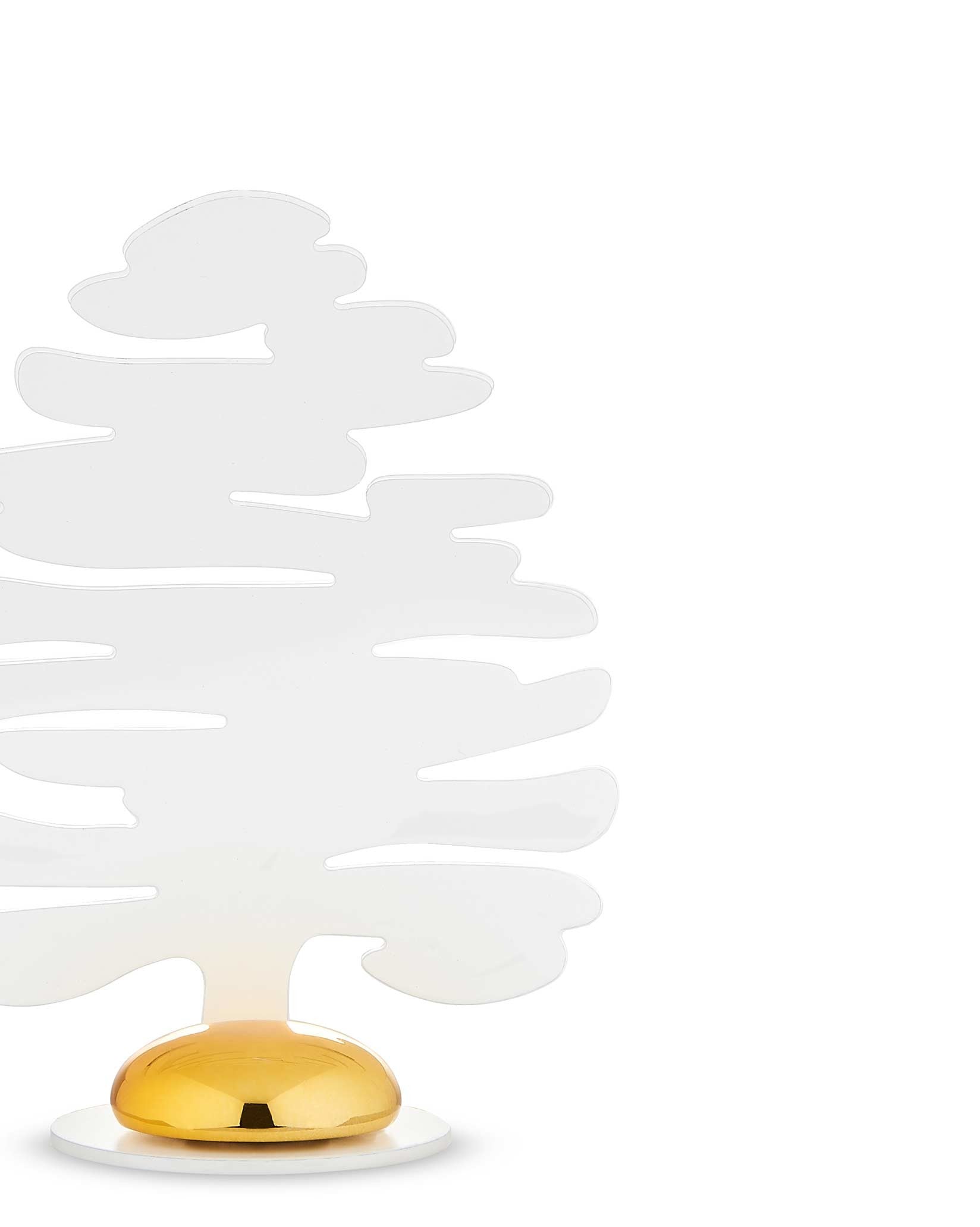 Abstract white tree place marker by Alessi with a glossy gold spherical base on a white disc stand.