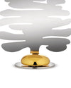Silver tree-shaped place marker by Alessi with a gradient grey finish, set on a shiny gold dome and chrome base.