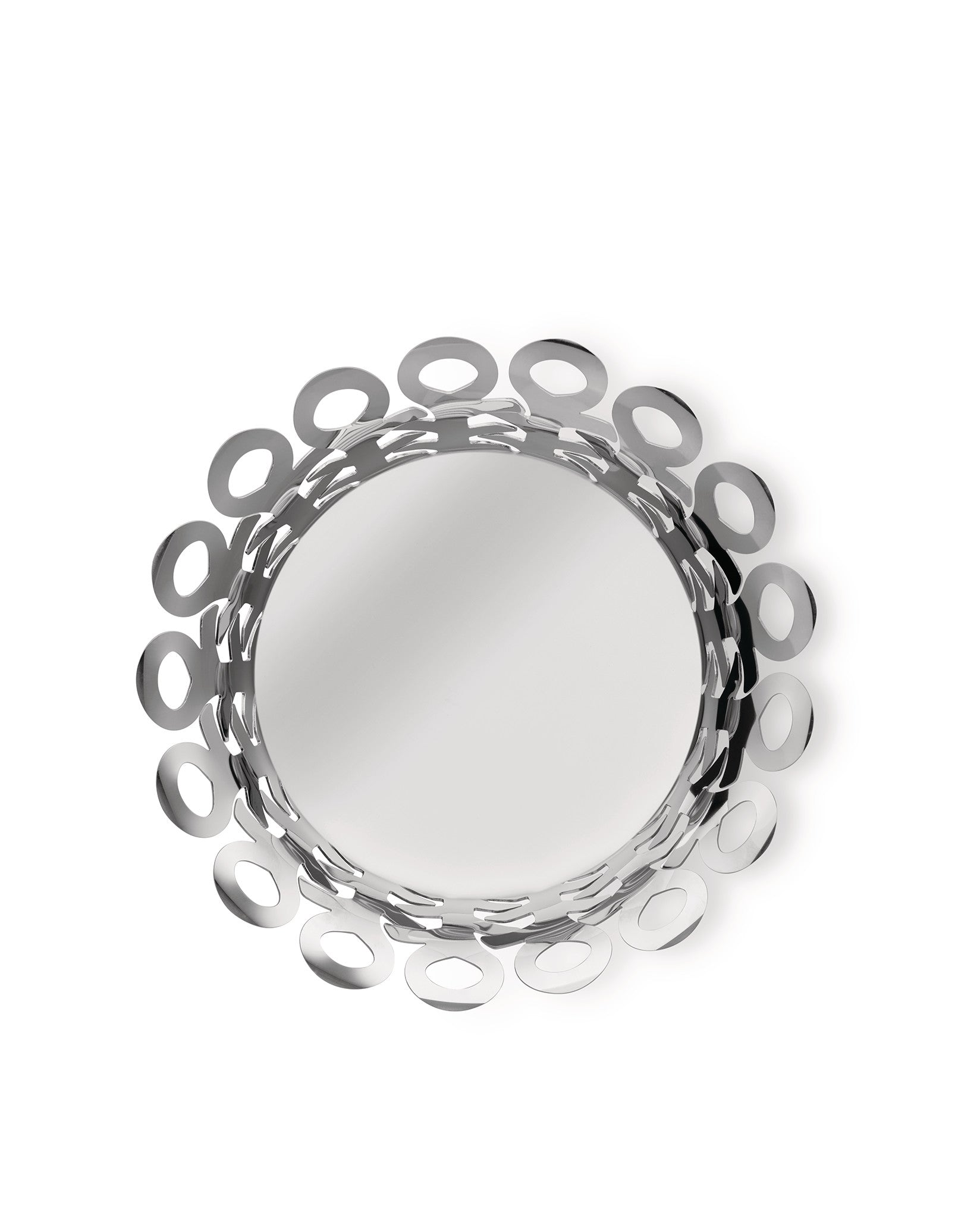 Polished silver metal fruit bowl by Alessi, featuring a decorative open-work rim of linked oval shapes.