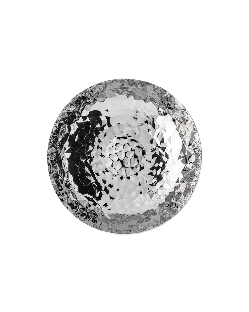 Silver faceted decorative bowl by Alessi with a geometric, crystalline surface and a hexagonal pattern at its center.