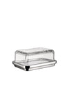 A rectangular butter dish with clear glass lid and polished stainless steel base by Alessi, shown from a slight angle.