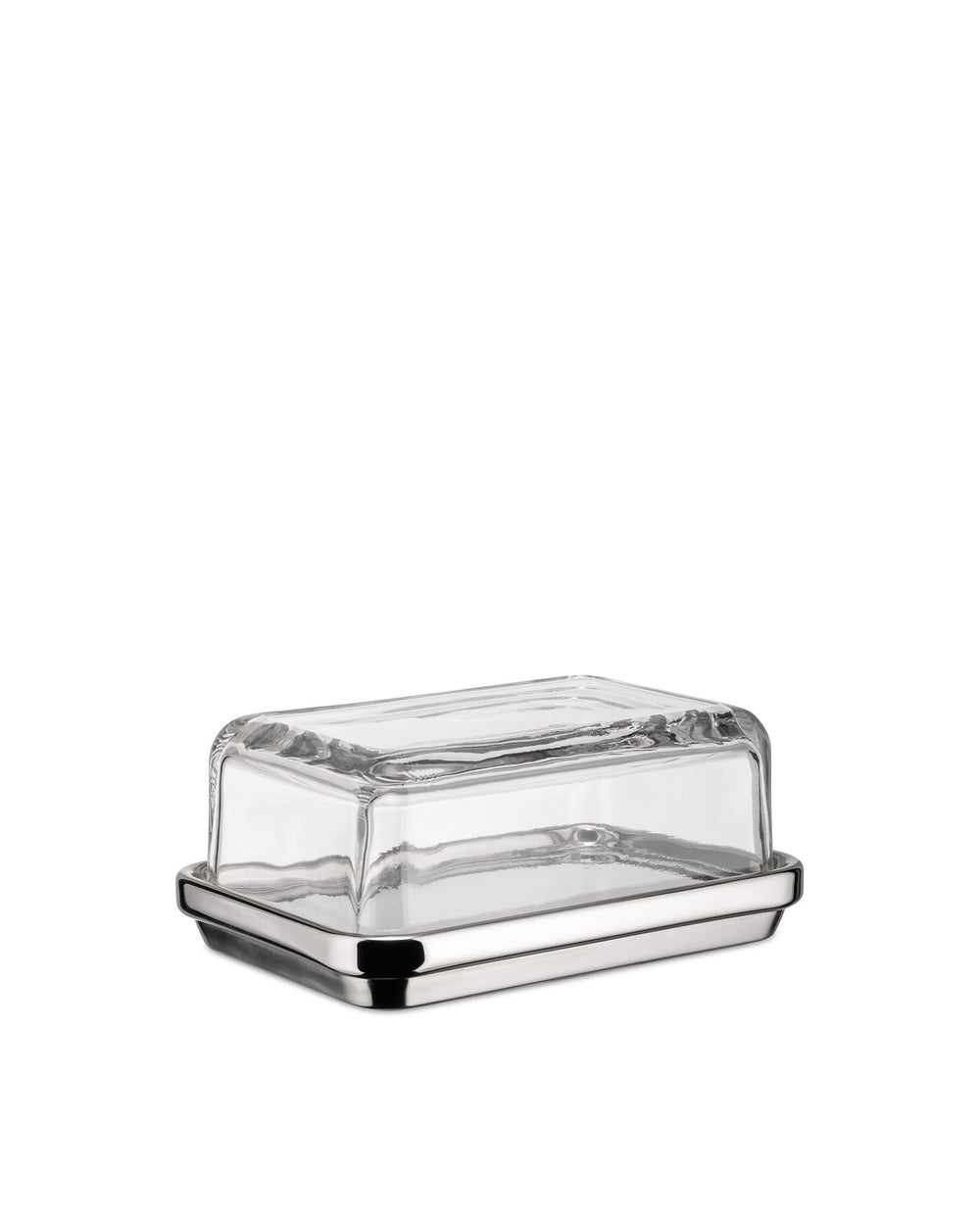 A rectangular butter dish with clear glass lid and polished stainless steel base by Alessi, shown from a slight angle.