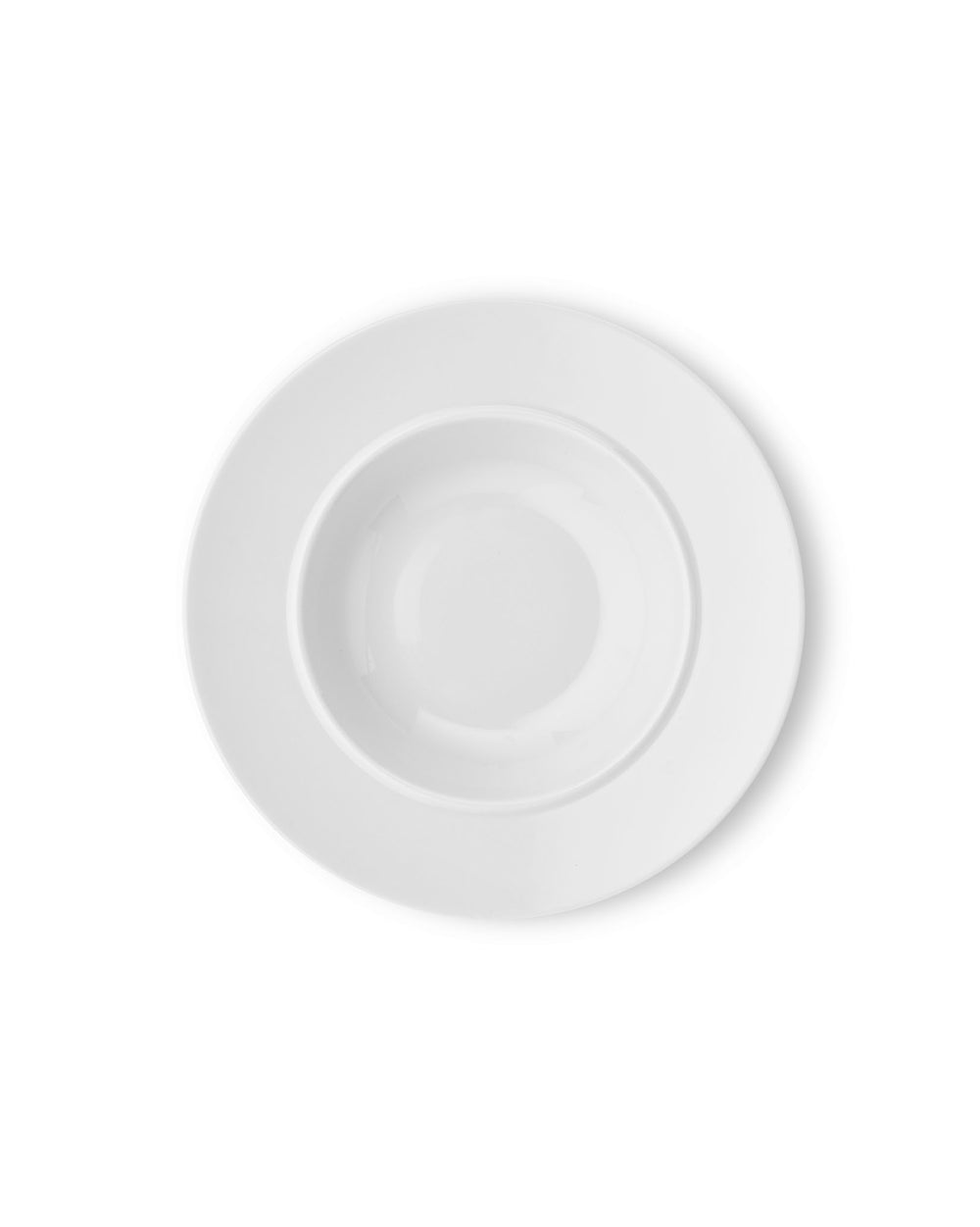 White wide-rimmed soup bowl by Alessi, presented from a top-down view.