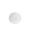 White round saucer by Alessi with concentric raised rings, viewed from above.