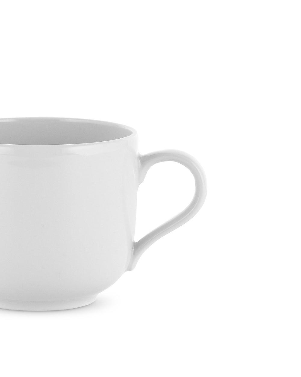 White cup by Alessi with a smooth finish and curved handle, shown in a cropped side view.