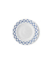 White side plate by Alessi with a blue geometric pattern along the rim, viewed from above.