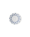 White saucer by Alessi with a blue geometric star pattern, viewed from above.