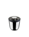 Shiny stainless steel ice bucket by Alessi with black rim and clear lid featuring a silver handle.