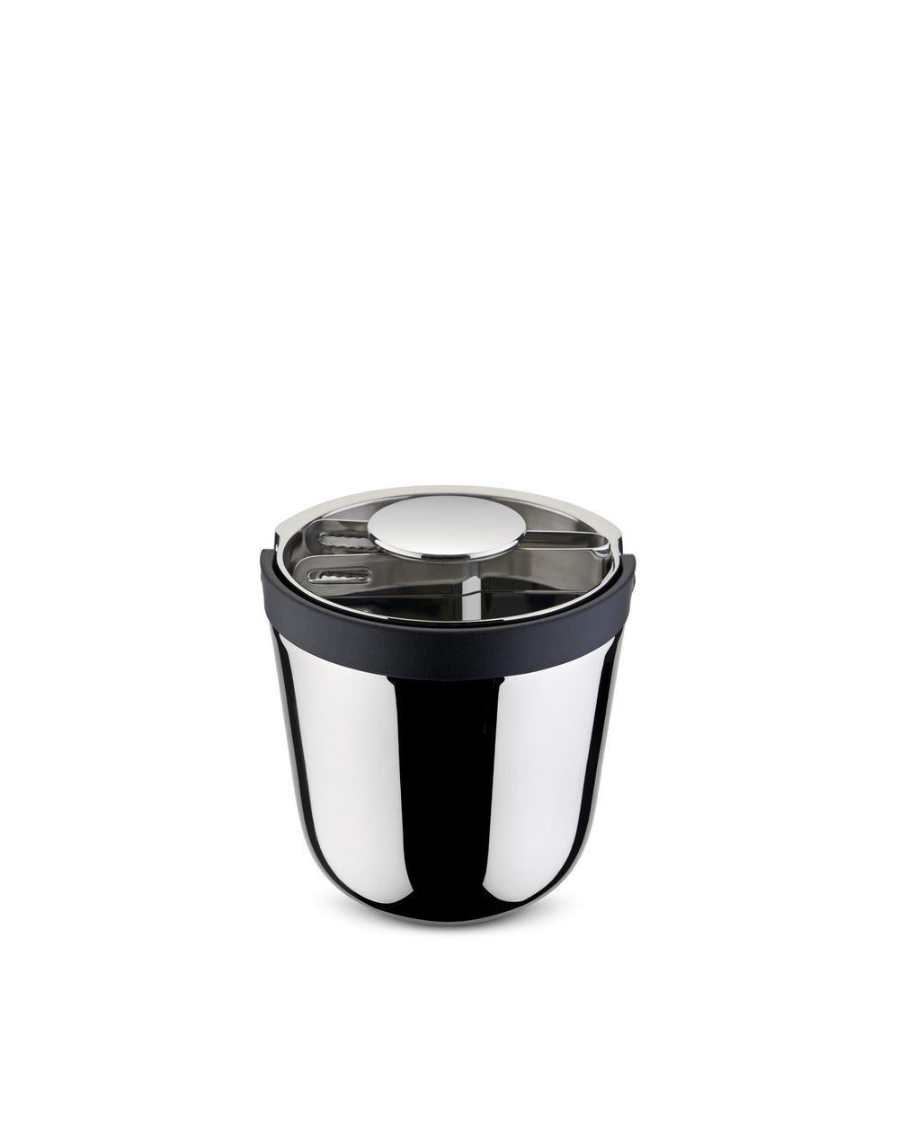 Shiny stainless steel ice bucket by Alessi with black rim and clear lid featuring a silver handle.