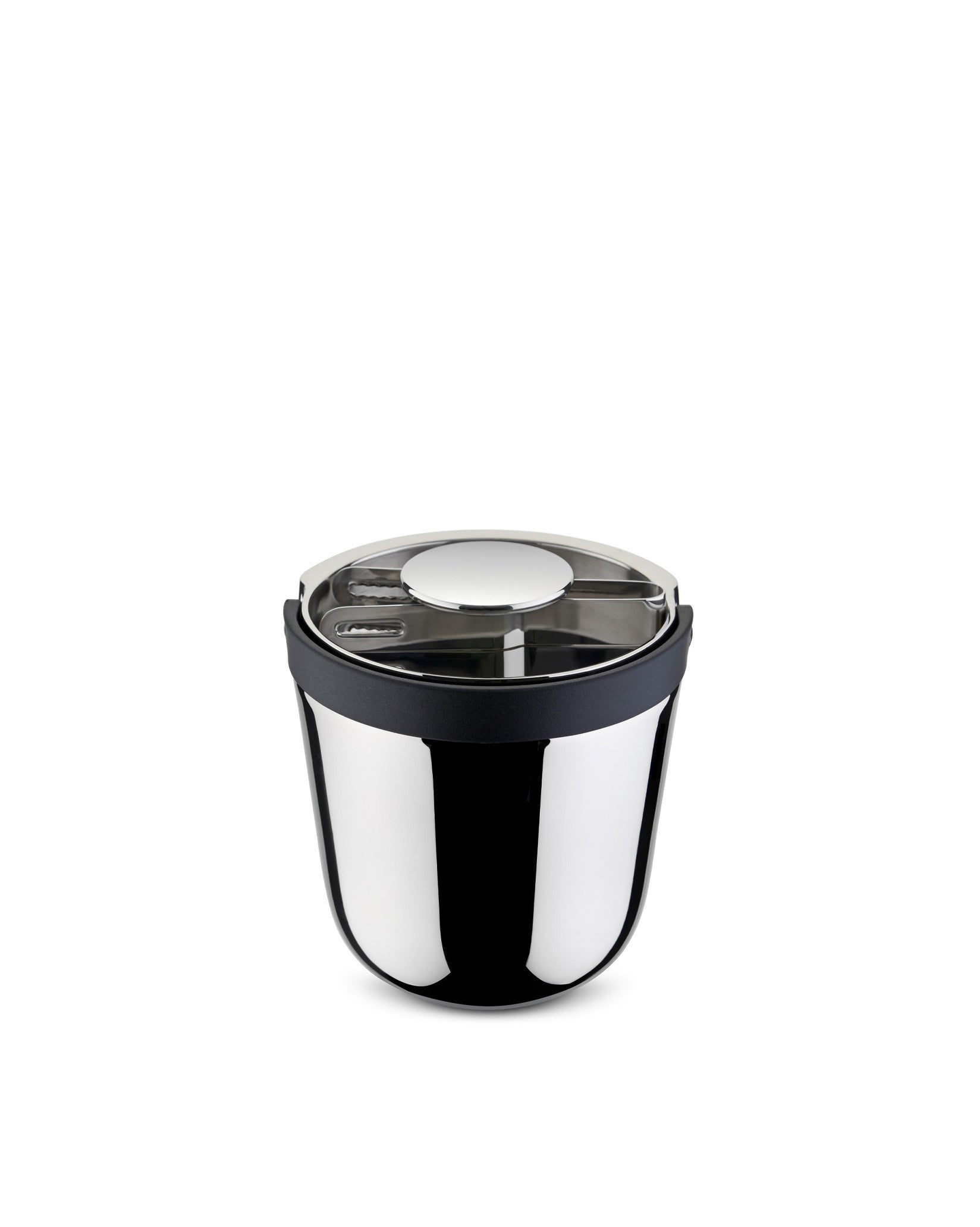 Shiny stainless steel ice bucket by Alessi with black rim and clear lid featuring a silver handle.