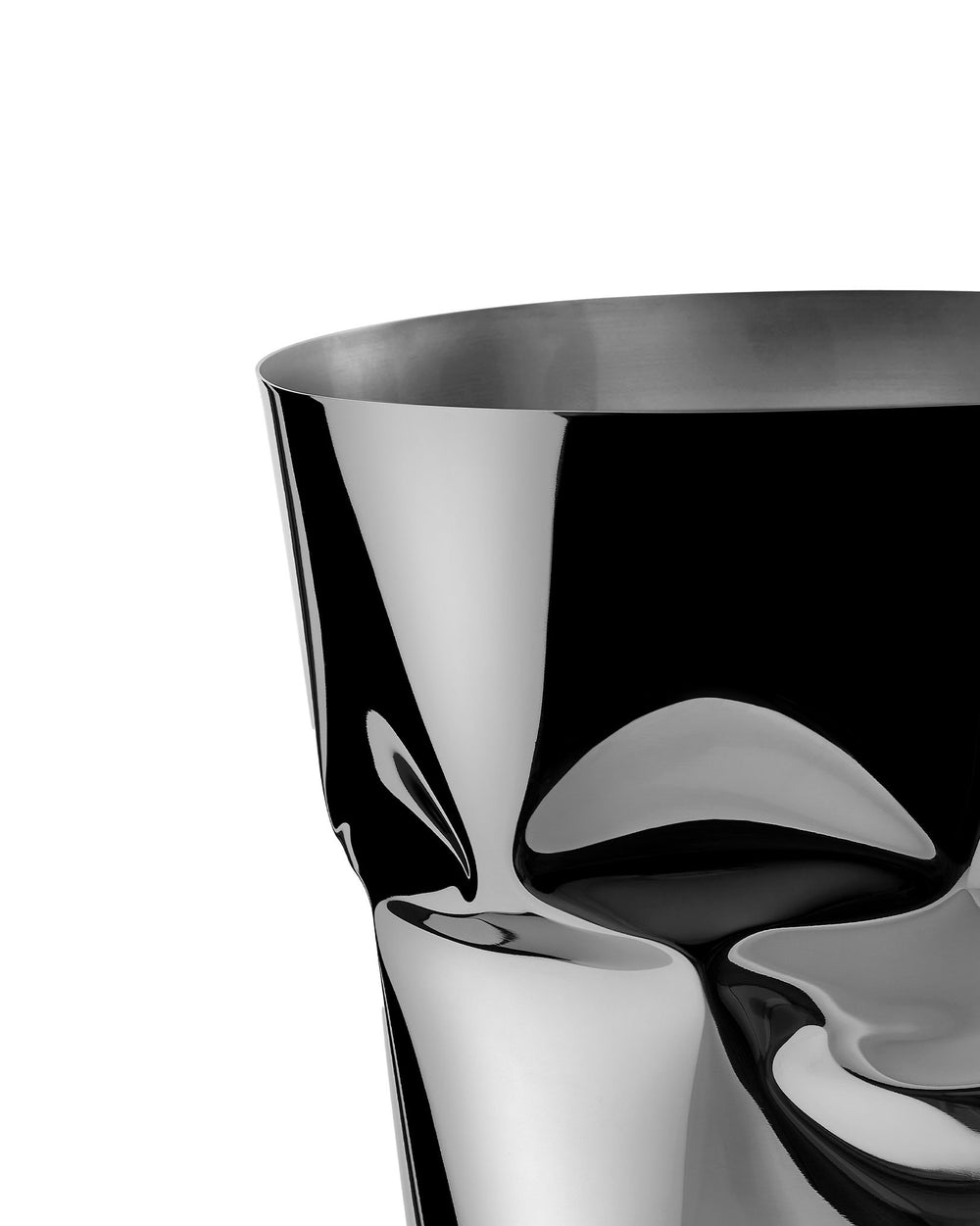 Silver sculpted metal wine cooler by Alessi, featuring a highly reflective, crumpled surface.