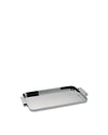 Sleek rectangular silver tray by Alessi with integrated handles and polished surface, angled view.