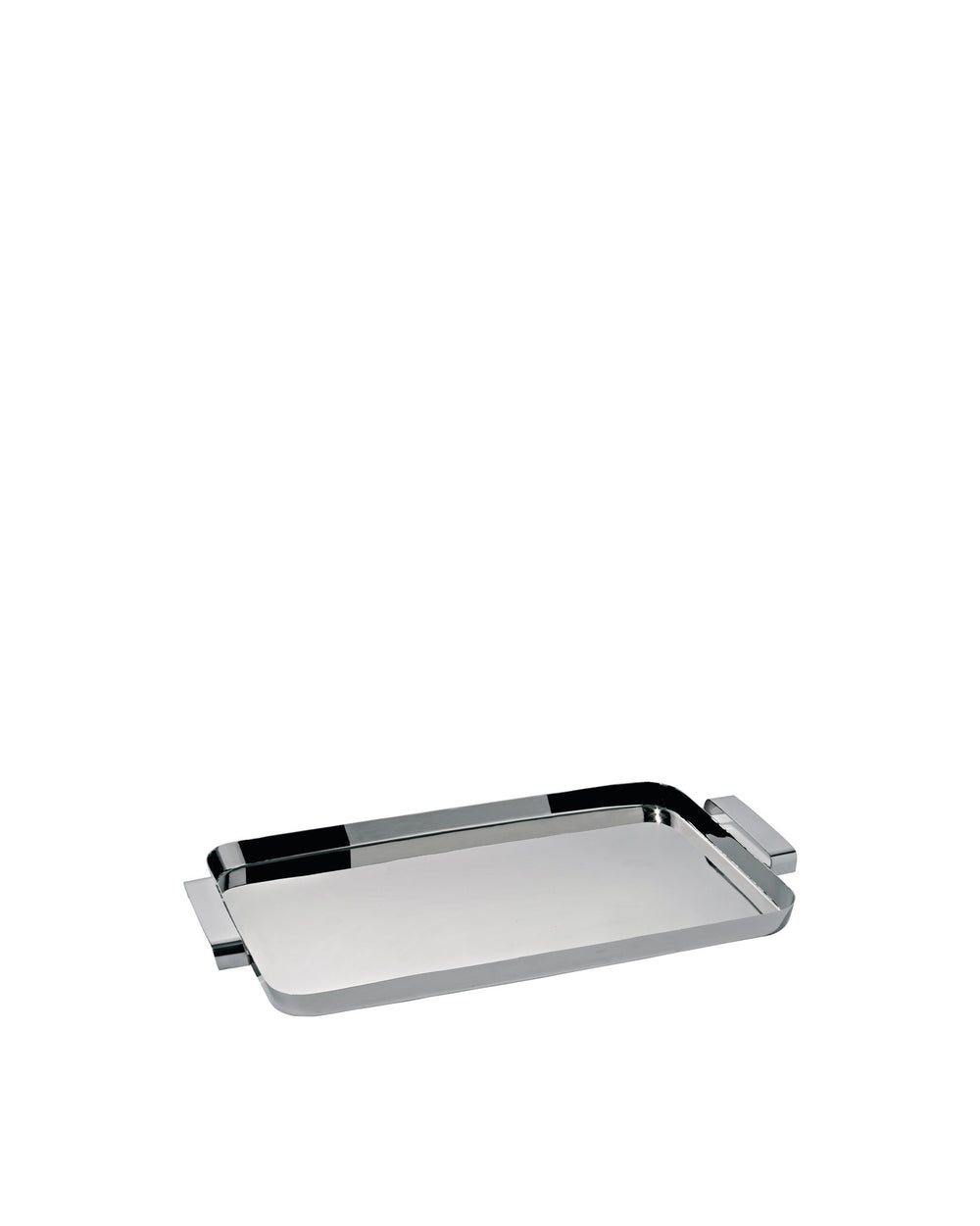 Sleek rectangular silver tray by Alessi with integrated handles and polished surface, angled view.