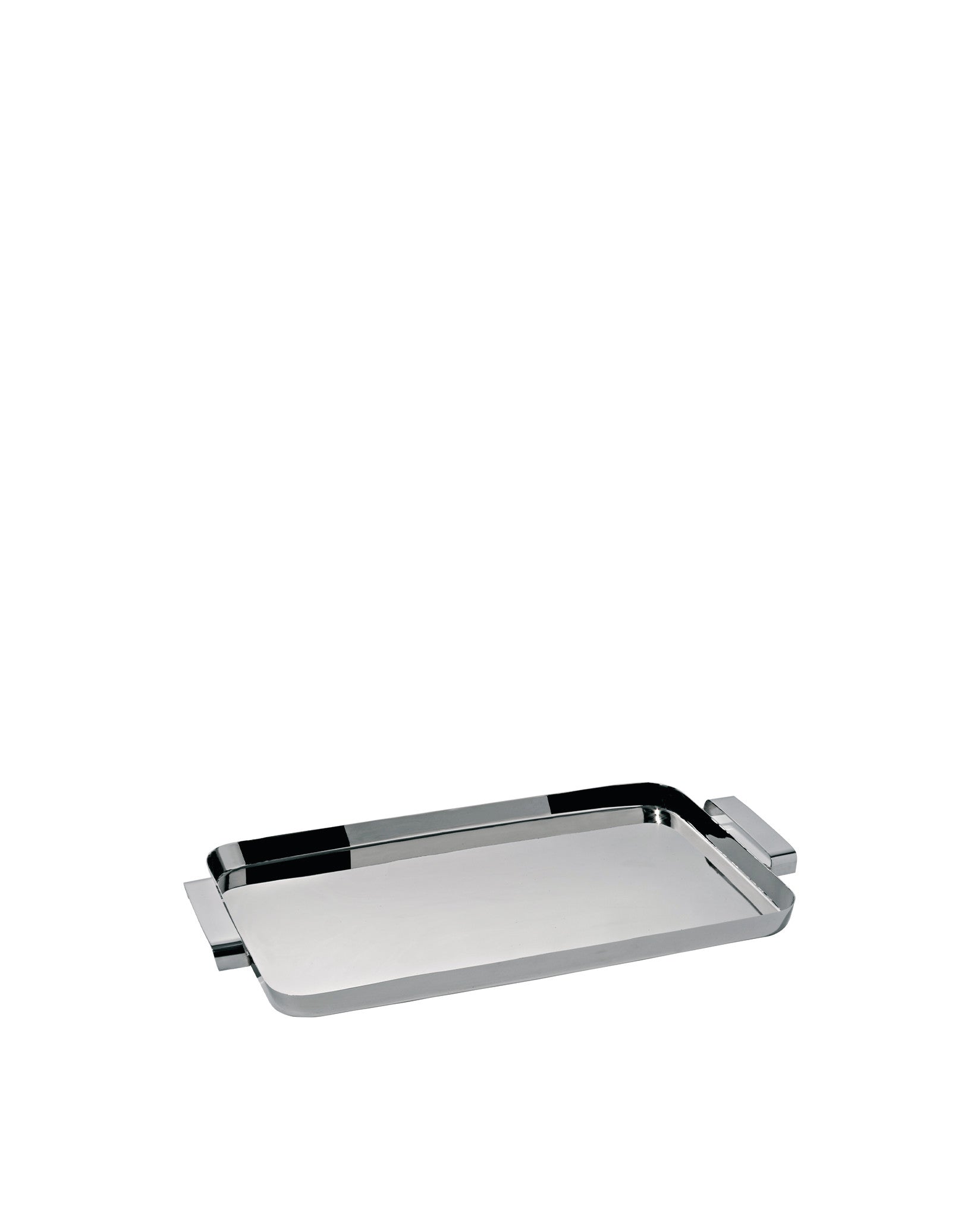 Sleek rectangular silver tray by Alessi with integrated handles and polished surface, angled view.