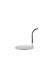 Round silver kitchen stand with a black curved arm by Alessi, featuring a sleek modern design.