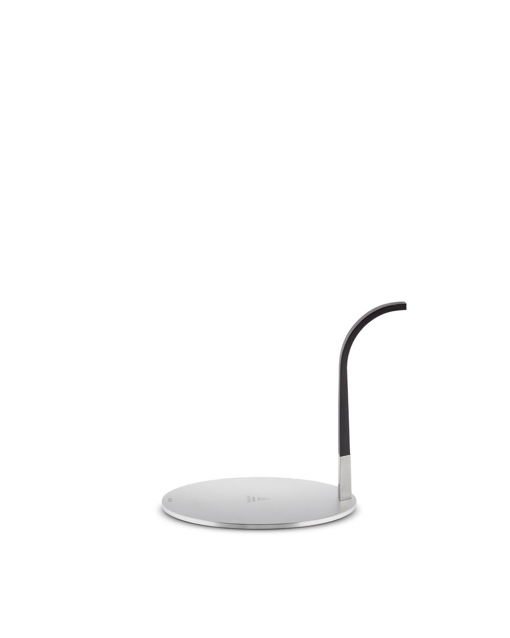 Round silver kitchen stand with a black curved arm by Alessi, featuring a sleek modern design.