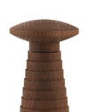 Dark brown wooden grinder by Alessi with a tiered, stacked body and a flattened top.