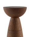 Dark brown wooden salt, pepper and spice grinder by Alessi, featuring a bowl-shaped top and textured, stacked conical body.