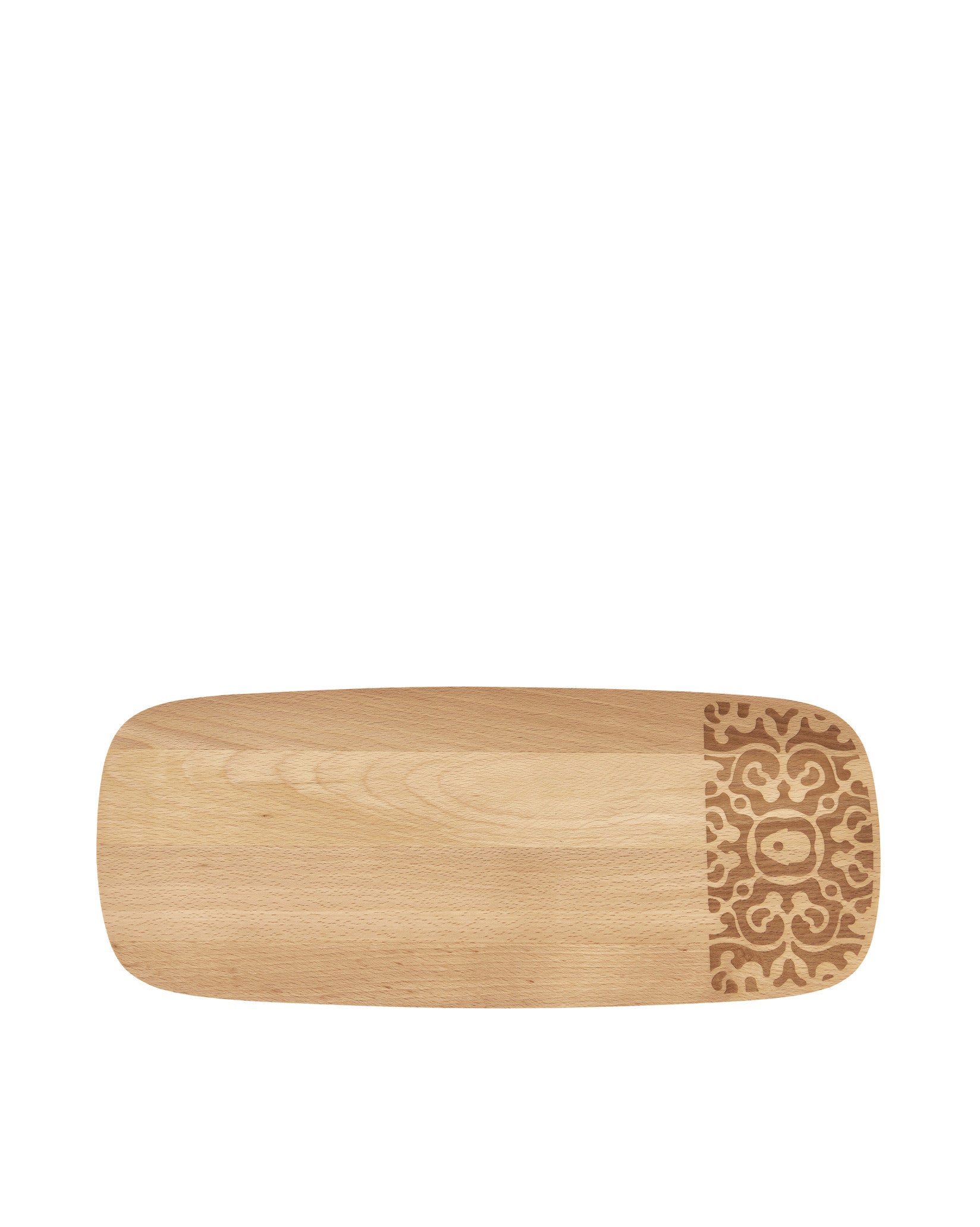 Wooden serving plate by Alessi, with an engraved decorative pattern on the right side.