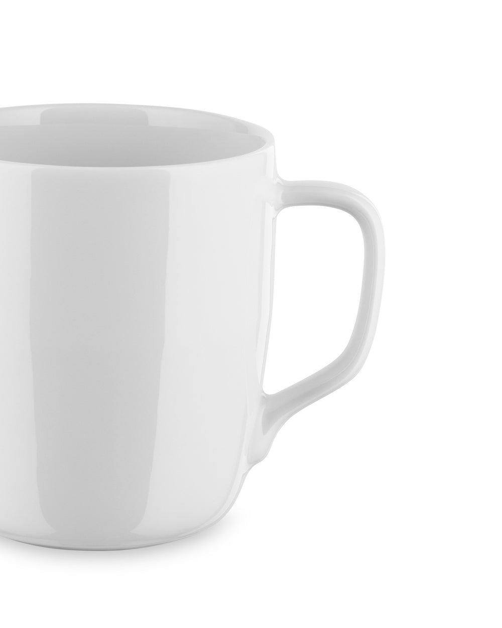 White glossy mug by Alessi with a simple D-shaped handle, viewed from the side.