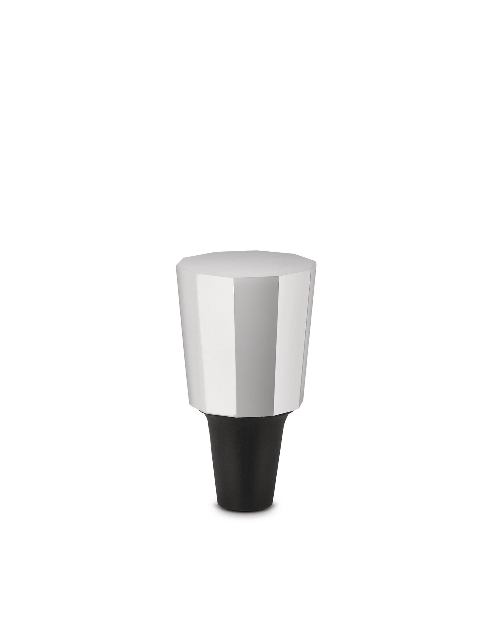 Silver and black faceted stopper by Alessi with a hexagonal metal top and conical base.