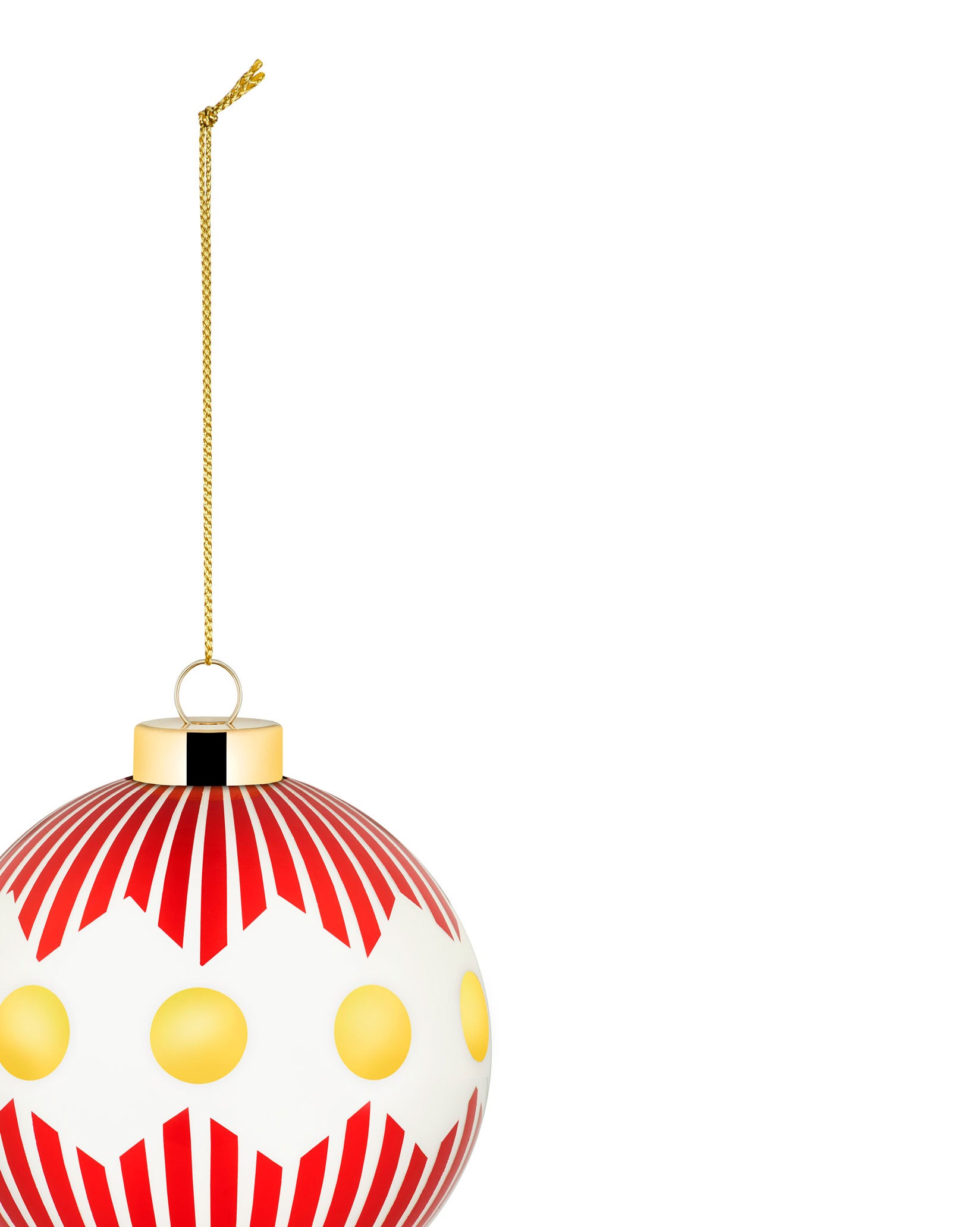 A red and white Christmas tree ornament by Alessi, featuring yellow polka dots and a gold hanging string, shown cropped.
