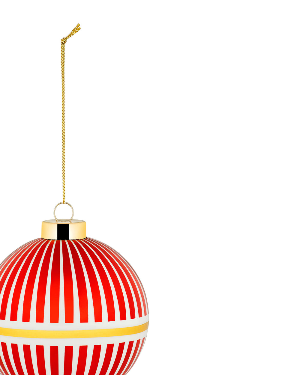 A red and white striped Christmas tree ornament by Alessi, with a gold band and hanging chain, cropped view.