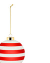 Red and white striped Christmas tree ornament by Alessi with a gold cap and hanging chain, cropped at the bottom left.