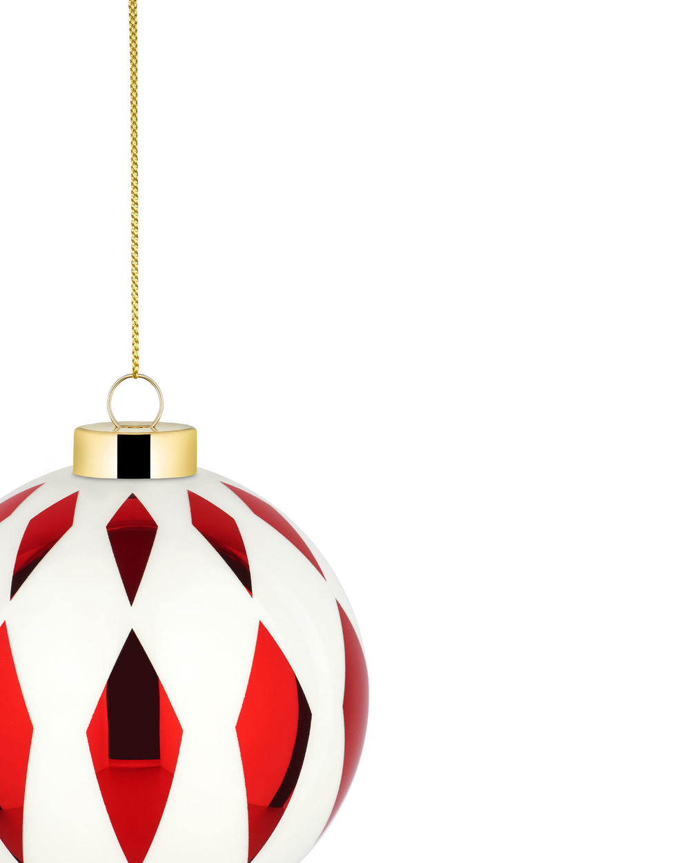 Red and white Christmas tree ornament by Alessi, featuring a geometric diamond pattern and a gold chain, cropped.