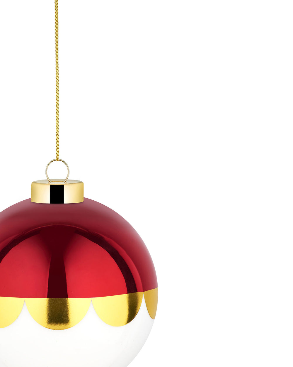 Red and white Christmas tree ornament by Alessi with a scalloped gold band and a gold chain.