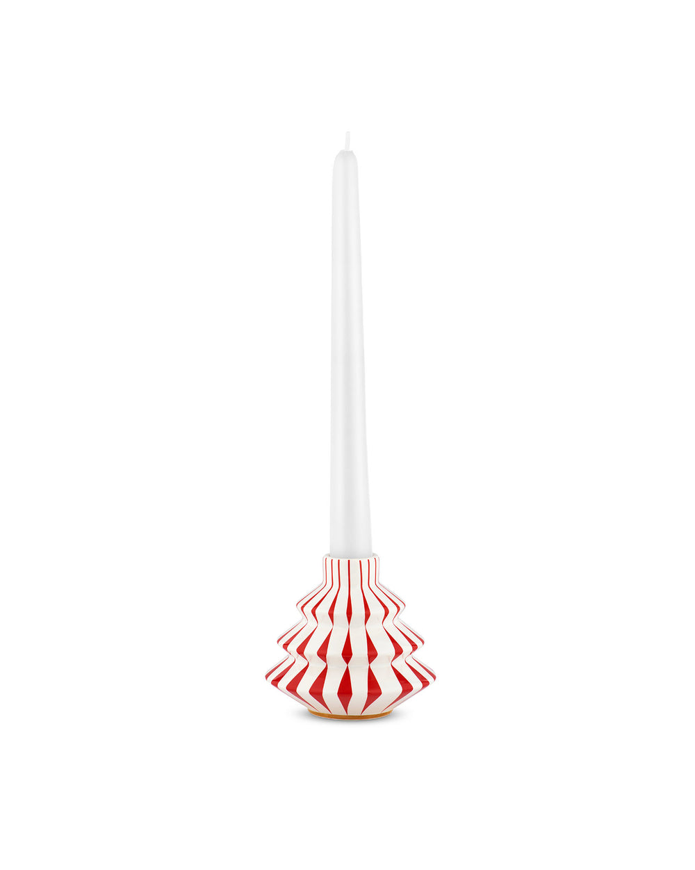 Glossy white and red candlestick by Alessi, shaped like a tiered Christmas tree with vertical stripes, holding a white candle.