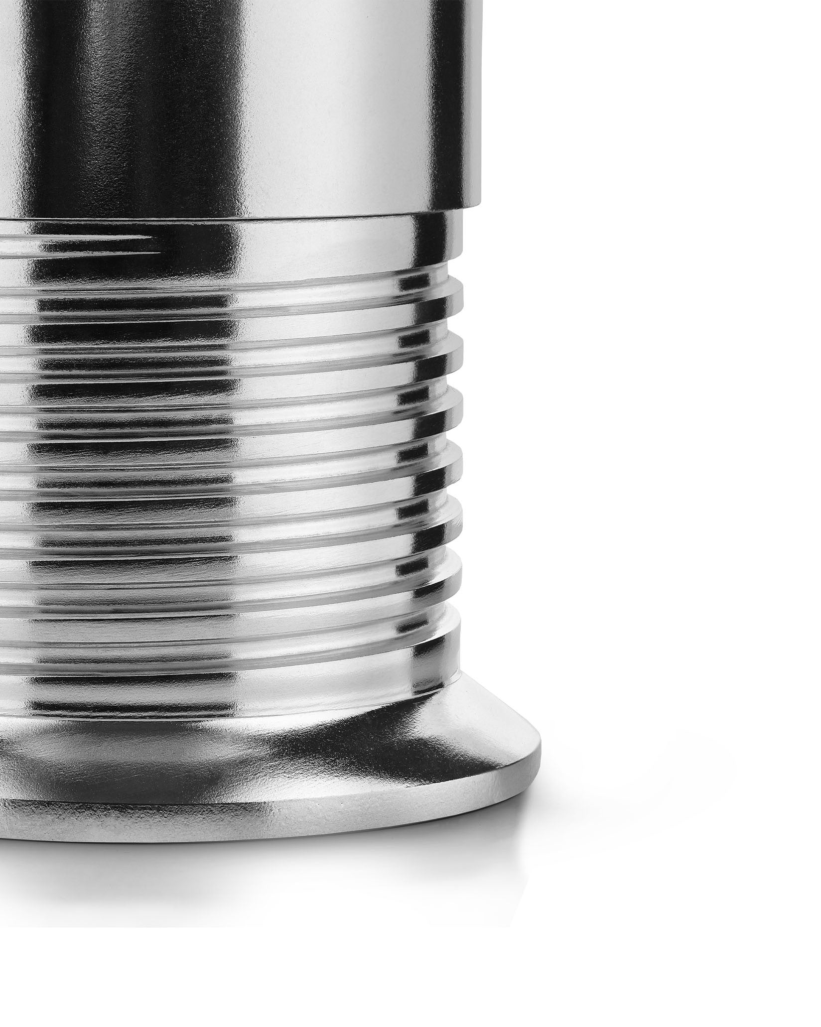 Silver metal Vite espresso coffee maker by Alessi, with a ribbed body and smooth, flanged base.