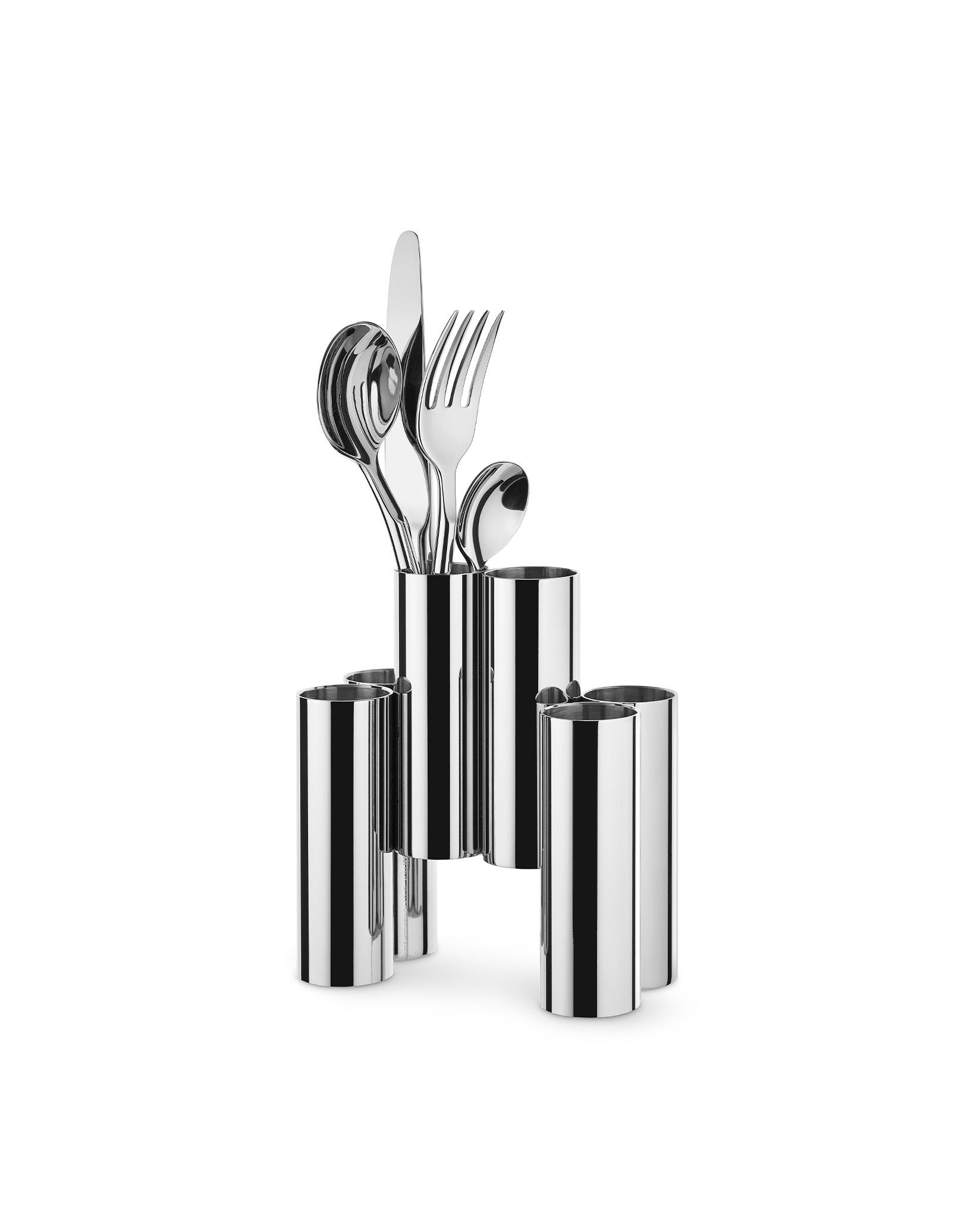 Five polished stainless steel cutlery holders by Alessi, with interconnected cylindrical sections holding silver cutlery.