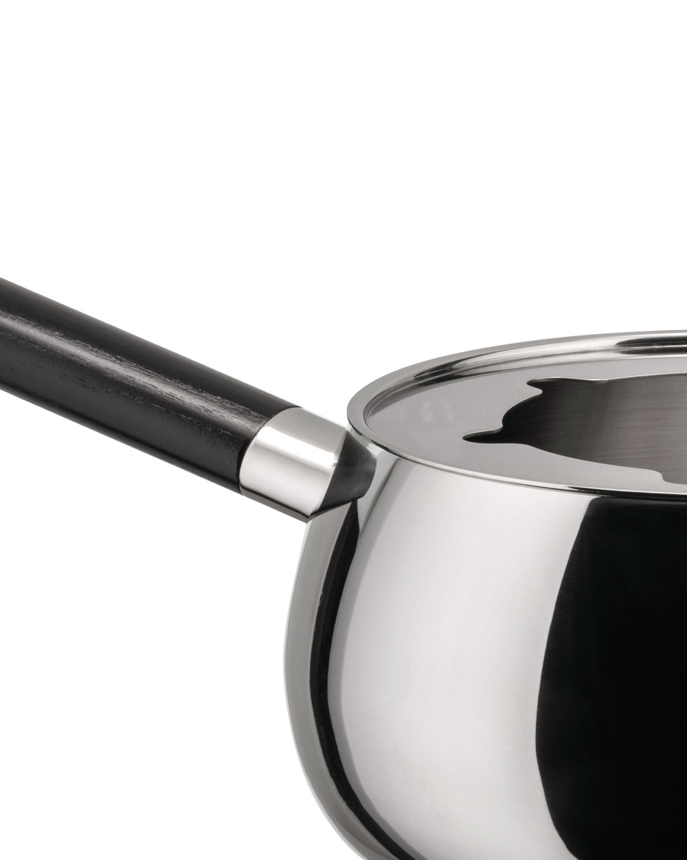 Silver stainless steel fondue pot by Alessi with a black handle and a reflective surface, shown in a close-up.